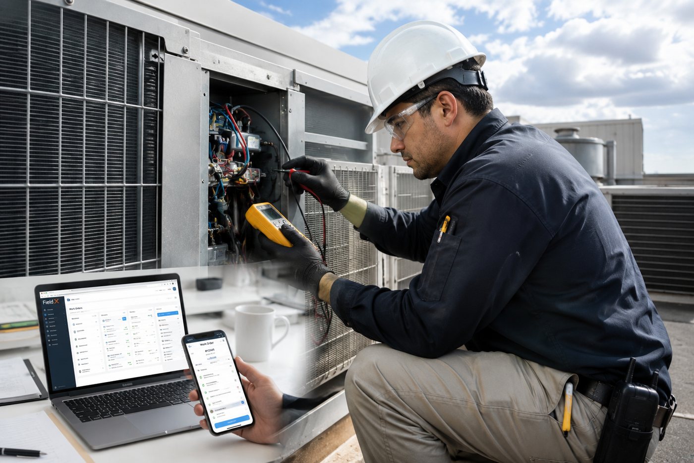 Técnico de Fieldix revisando una unidad de aire acondicionado en azotea, con la app móvil de la orden de trabajo