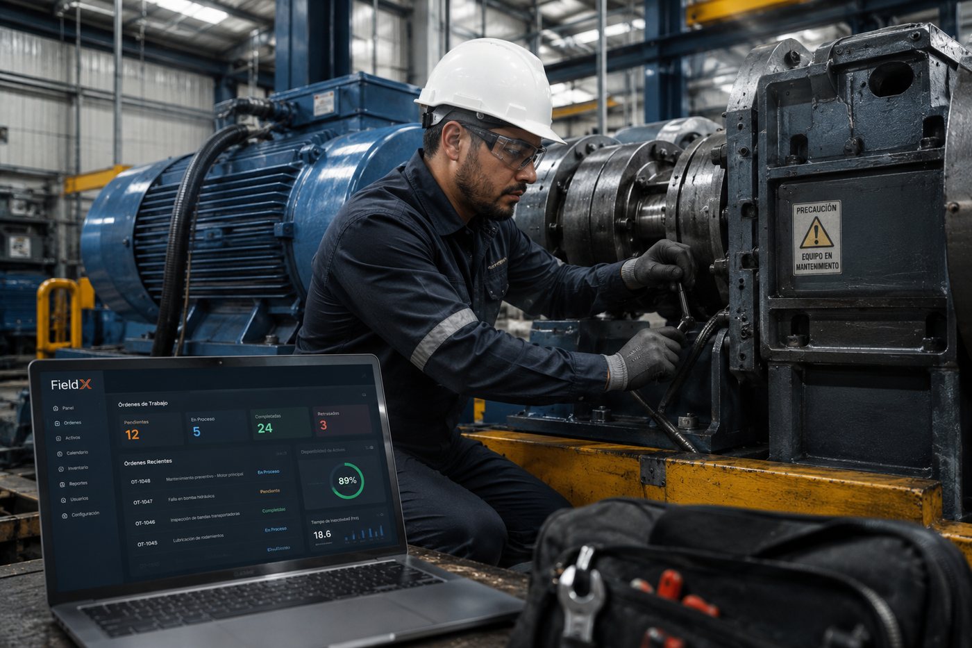 Técnico interviniendo maquinaria industrial en planta, con el panel de órdenes de trabajo de Fieldix