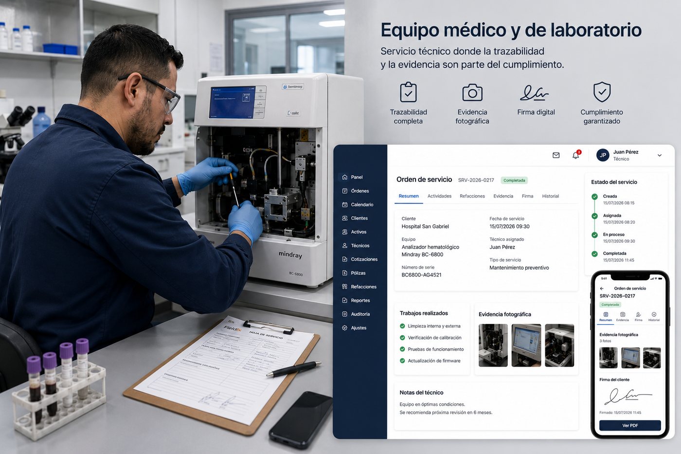 Técnico dando mantenimiento a equipo médico de laboratorio, con evidencia fotográfica y firma digital en Fieldix